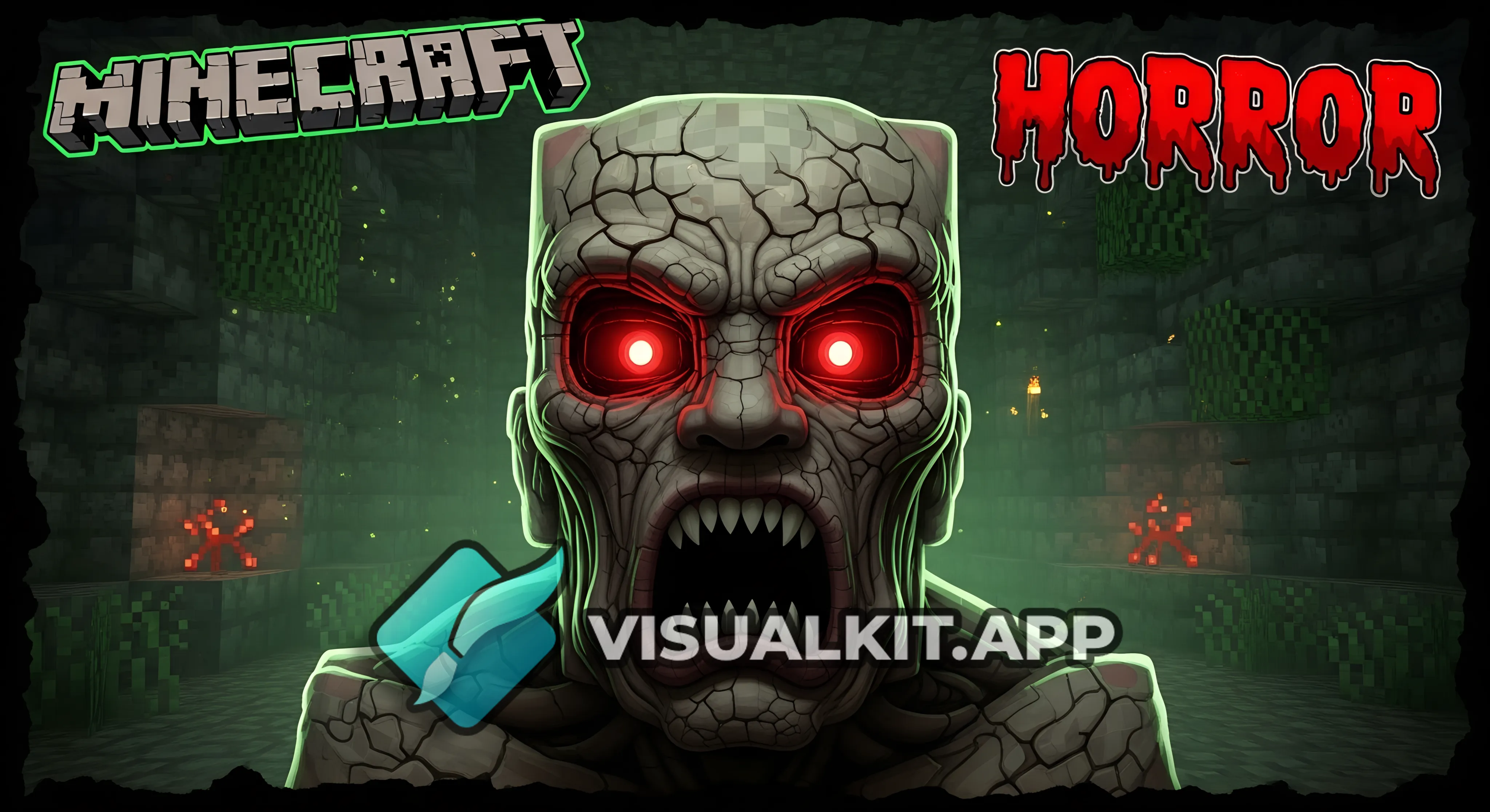 Minecraft horror thumbnail, dark and creepy atmosphere. A scary humanoid monster with a distorted fa