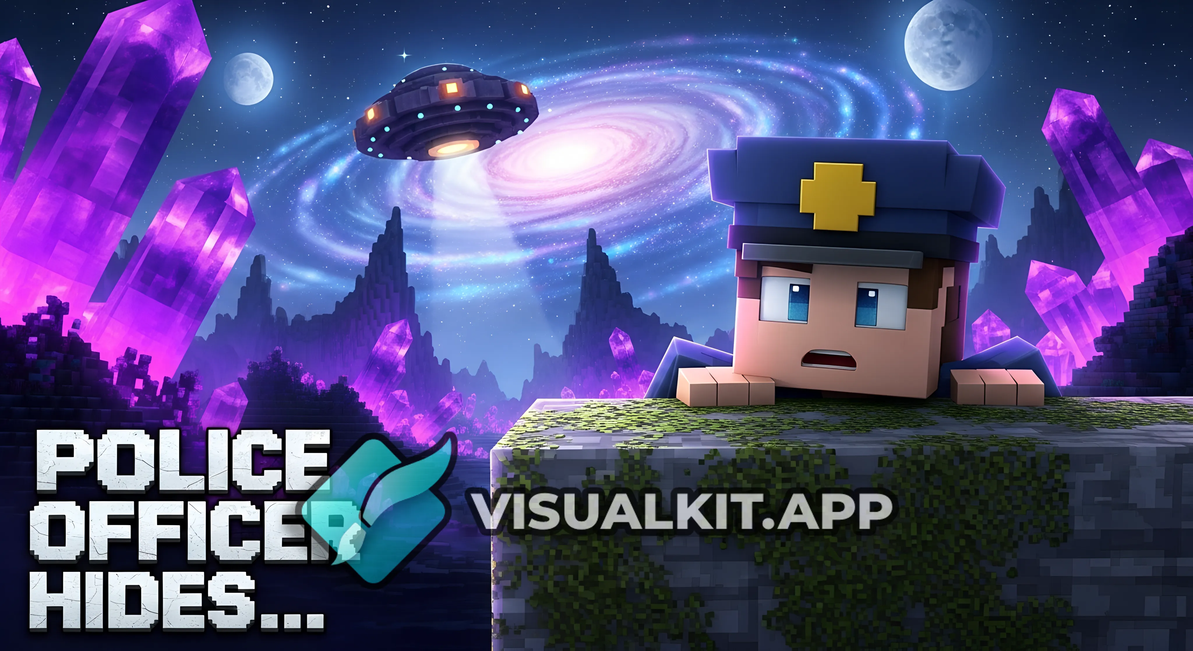 A cinematic Minecraft-style thumbnail, showing a police officer in a dark blue uniform hiding behind