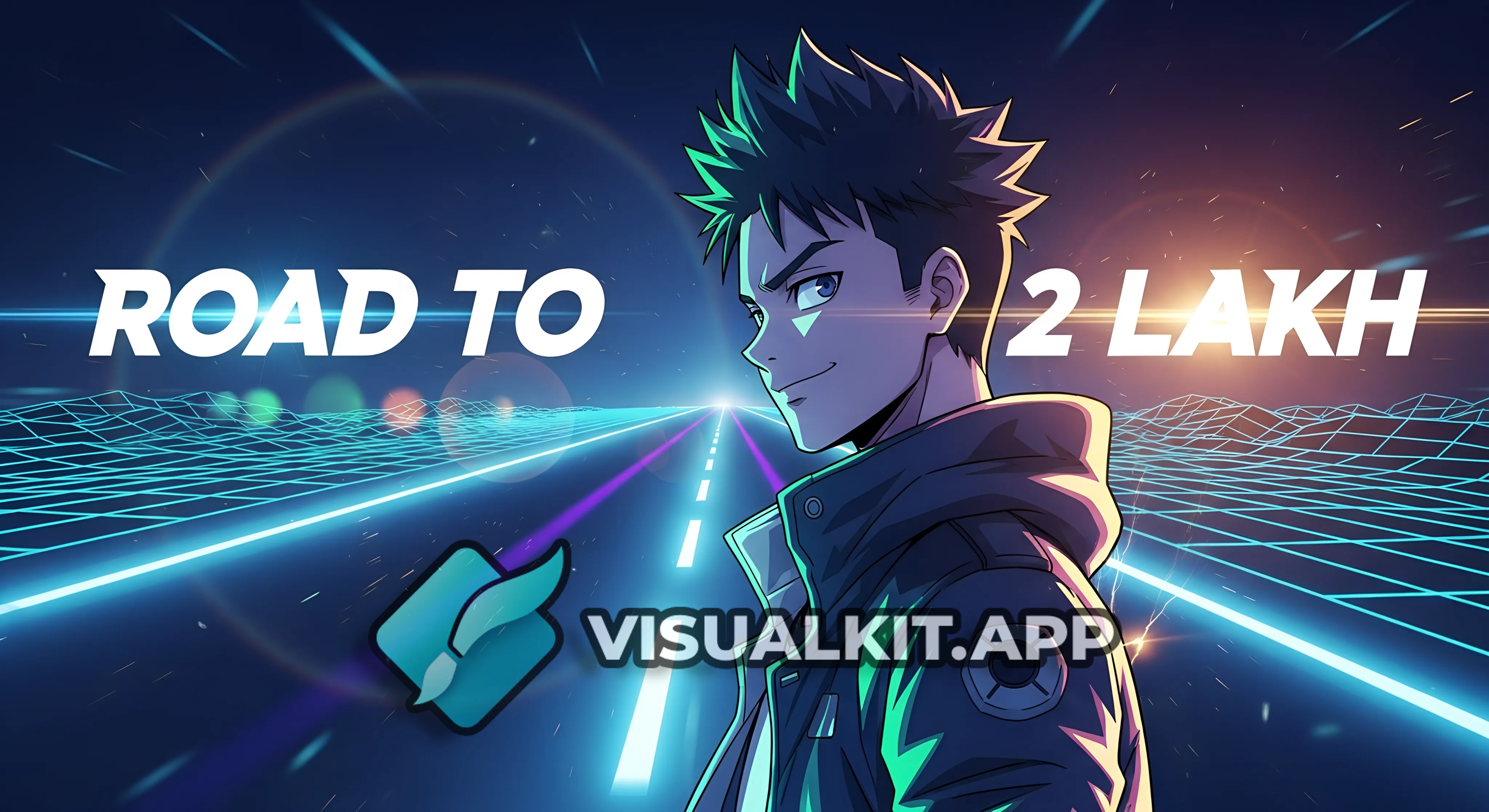 create one youtube thumbail in with anny anime character is used and write road to 2 lakh add lighte