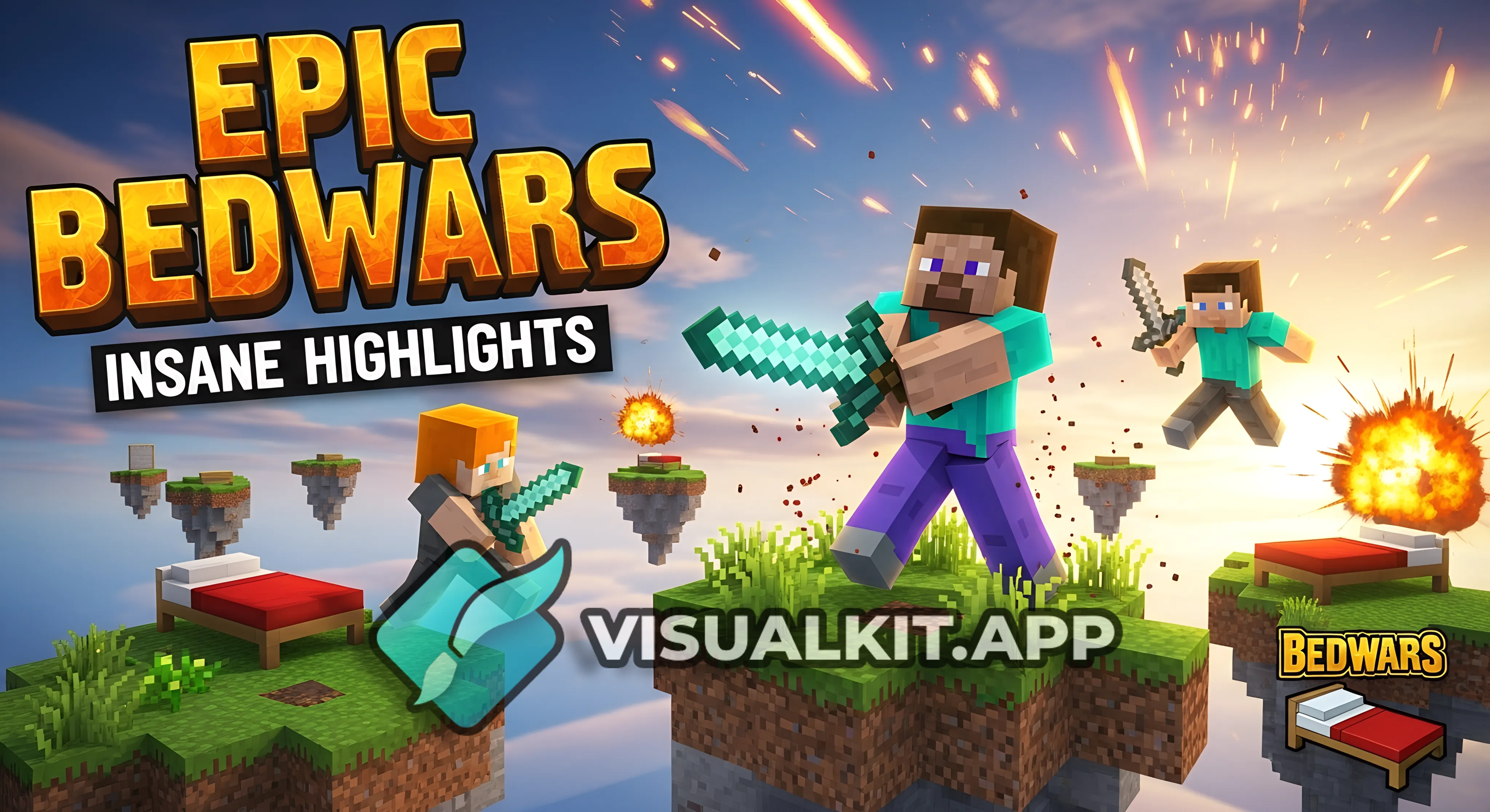 Epic Minecraft Bedwars thumbnail, Minecraft character holding a diamond sword mid-fight on a floatin