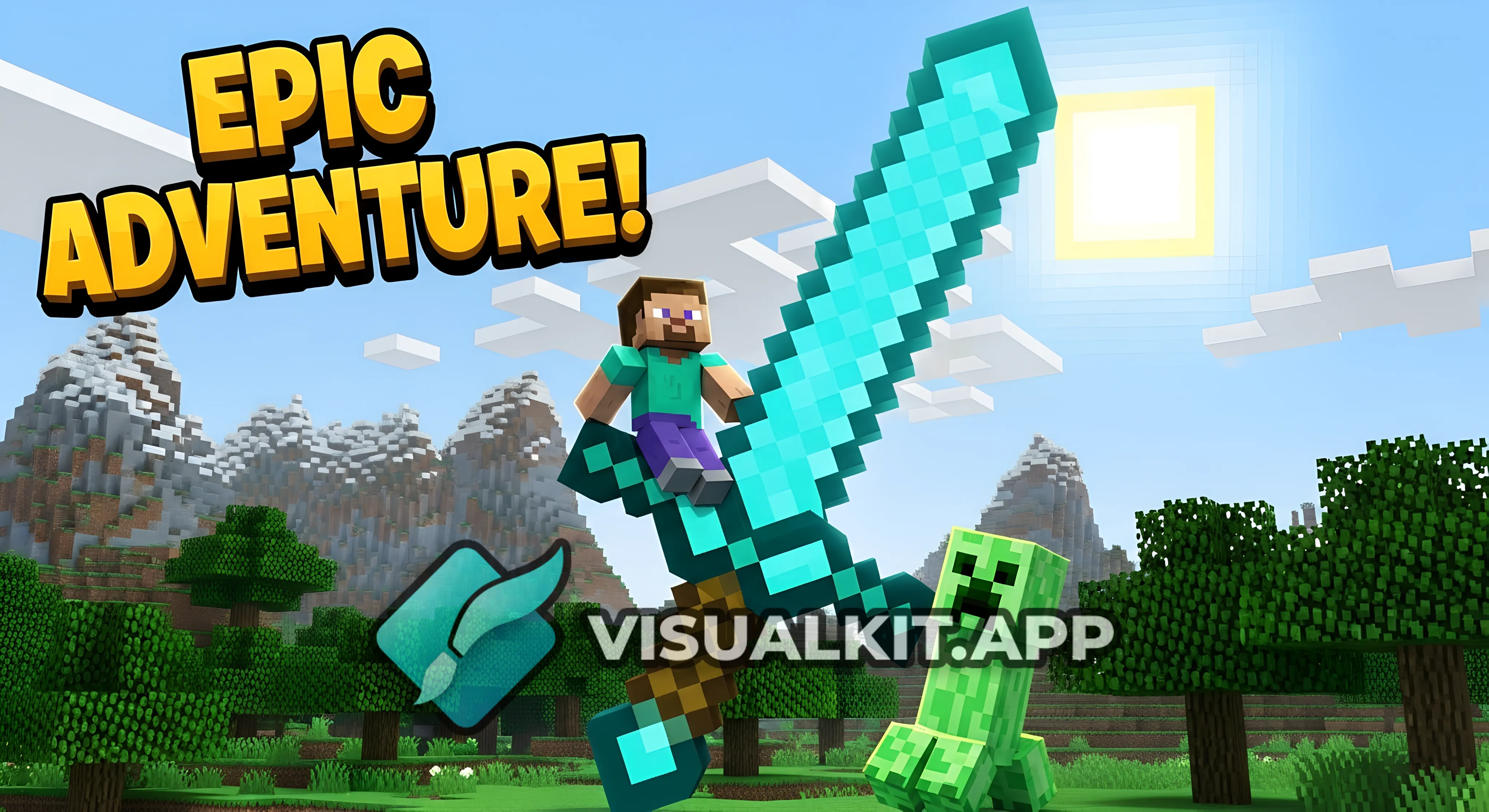 A bold Minecraft thumbnail featuring a giant diamond sword glowing in the center, with Steve on one