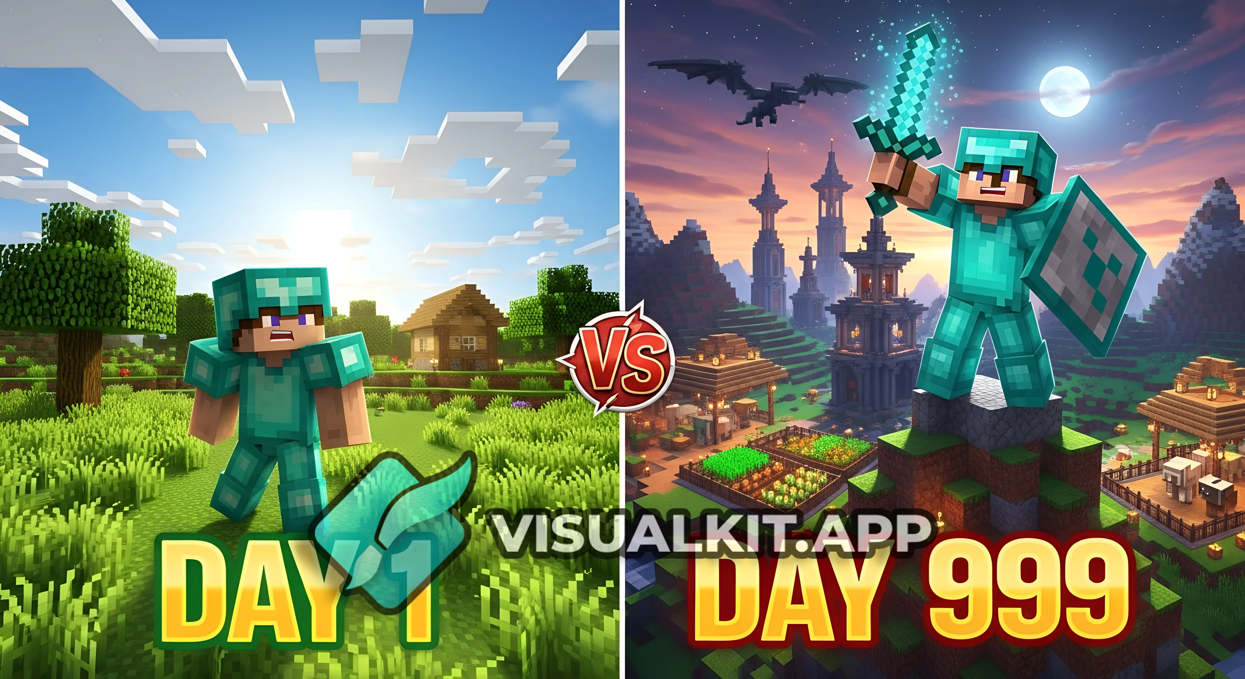 Split Screen DAY 1 vs DAY 999 who can last the longest in minecraft hardcore