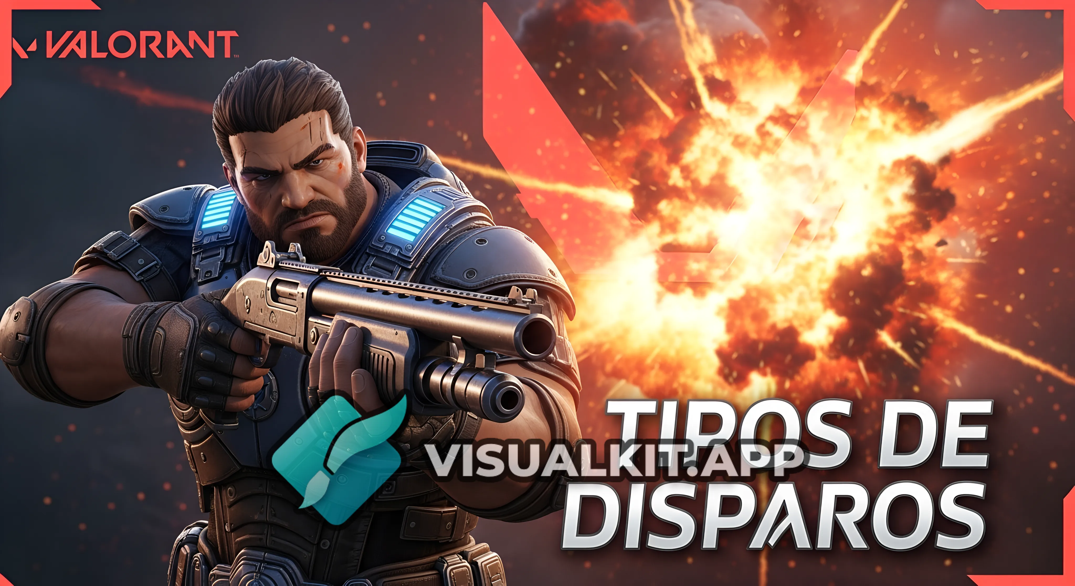 Marcus Fenix apuntando la Gnasher hacia cámara + fondo explosivo + texto: “Tipos De Disparos''