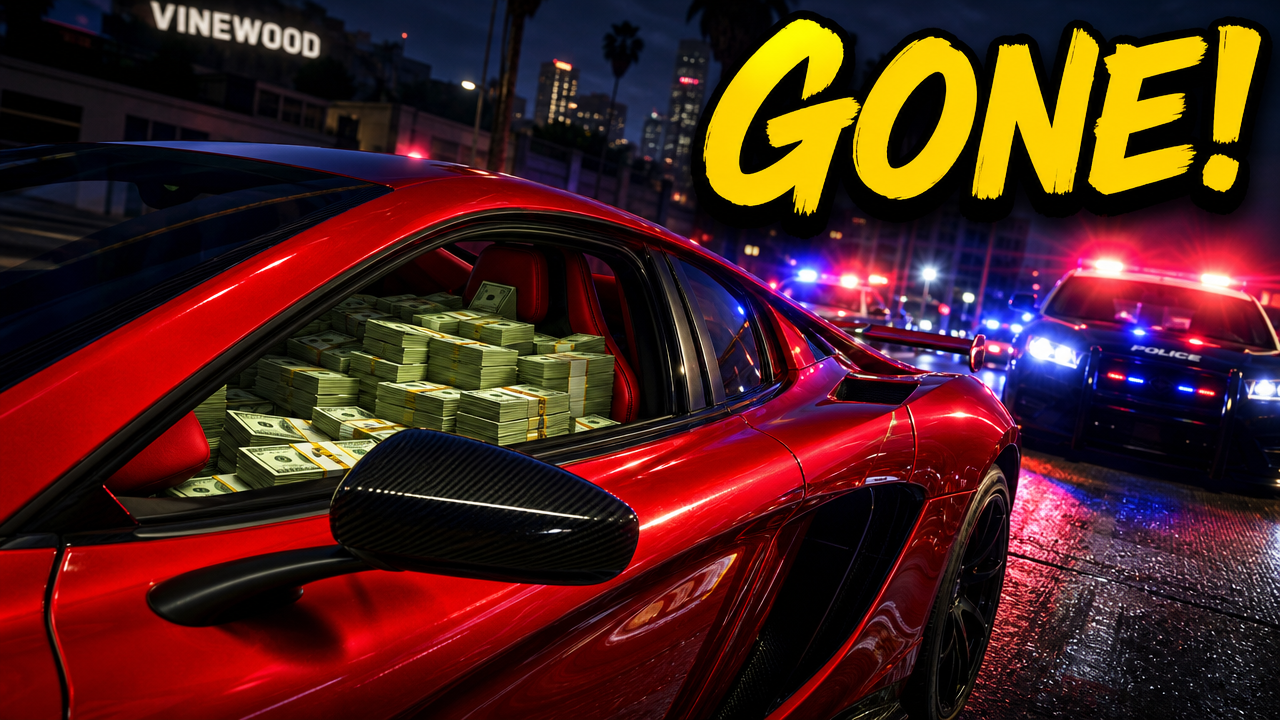 GTA 5 thumbnail made with VisualKit showing a rare red supercar, cash, and a police chase in Los Santos