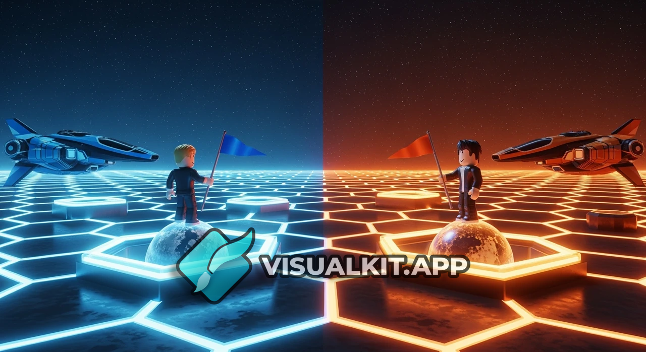 Roblox Split-Screen: Two Players on Glowing Hex Planet Tiles