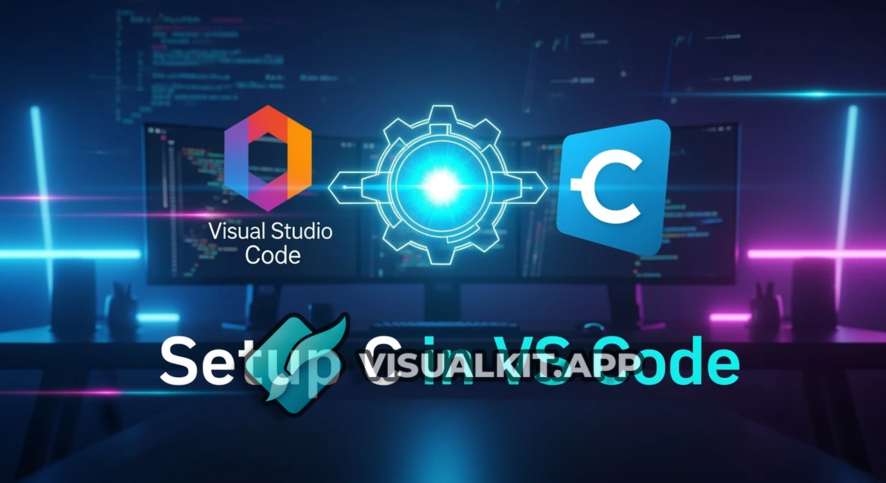 Futuristic 'Setup C in VS Code' thumbnail — VS Code+C