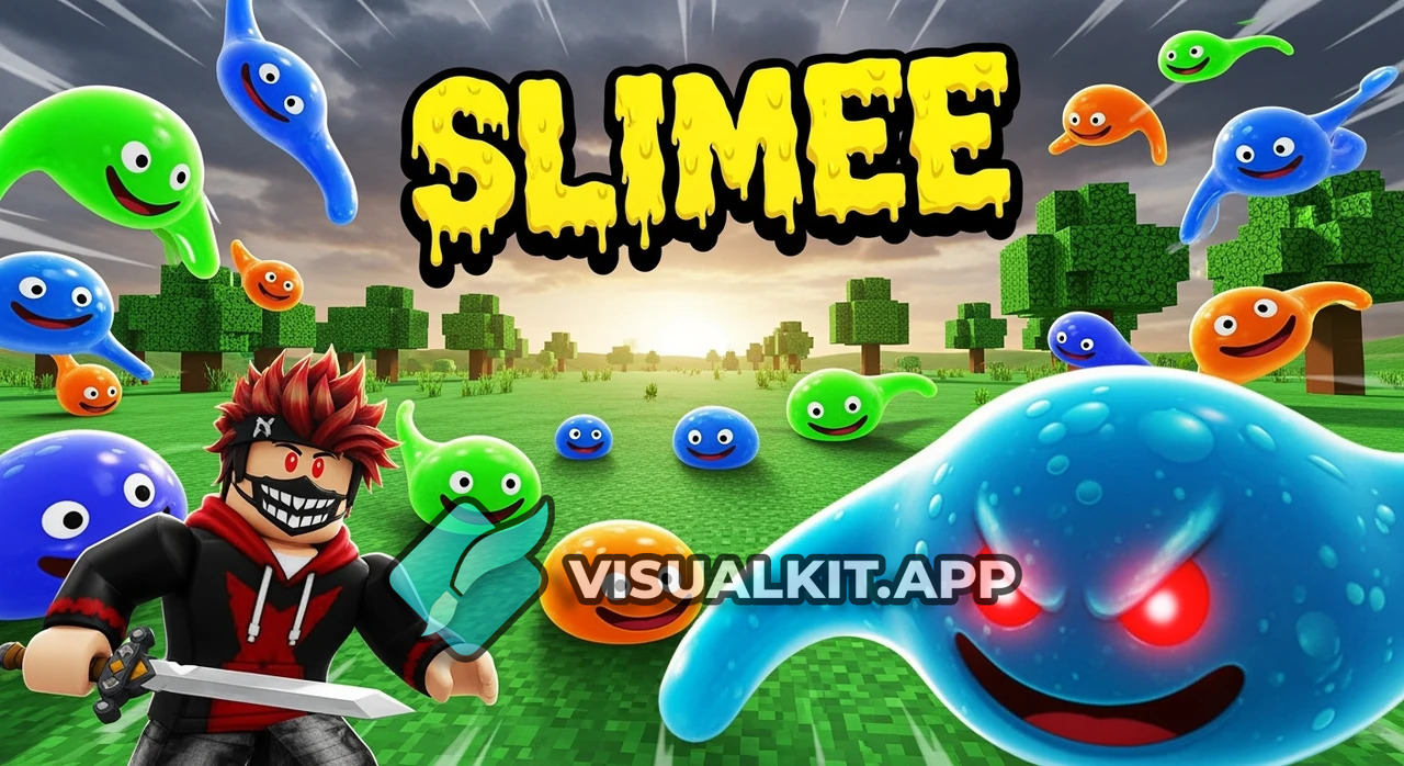 Roblox Slimes Attacking a Plain — Bold 'SlimeE' Title