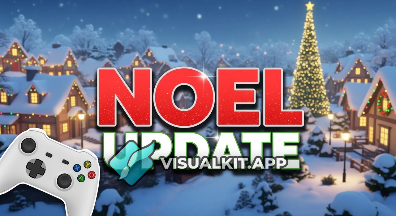 Roblox — fond Noël avec village flou et texte 'Noel Update'