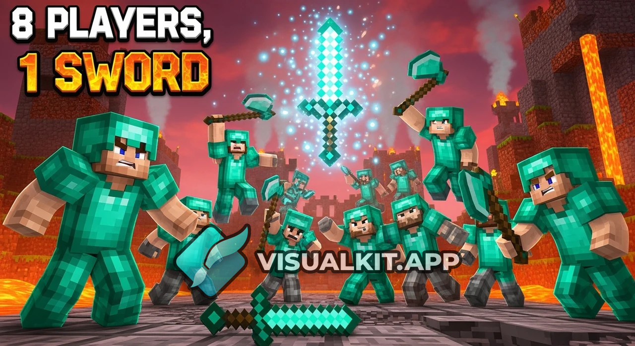 8 Players in Full Netherite Armor Fight for Enchanted Glowing Sword