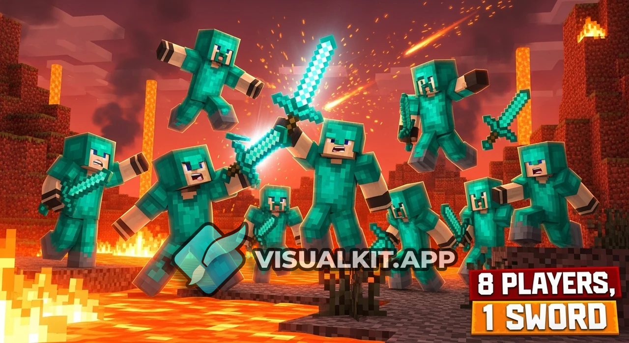 8 Players in Full Netherite Armor Fight for Glowing Sword