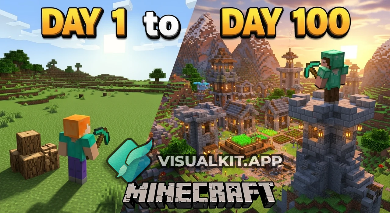 Minecraft: Create a image of Day 1 to Day 100 Progress