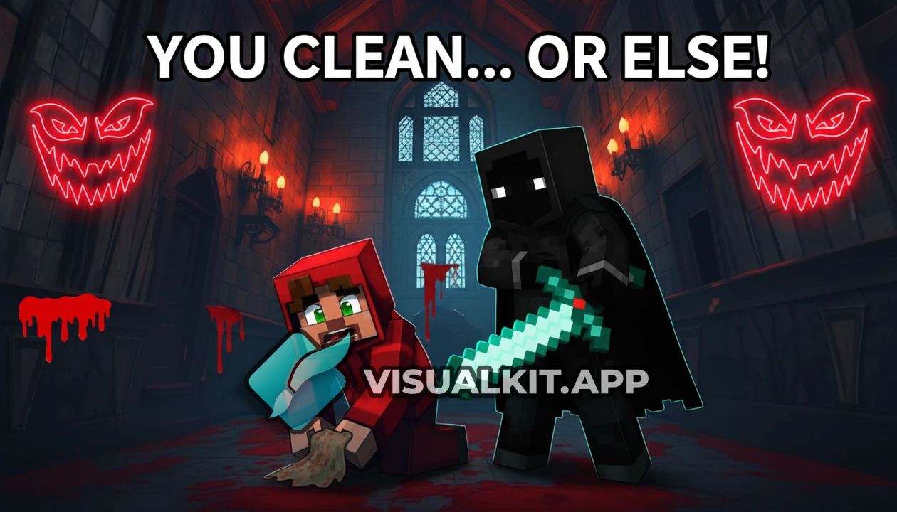 Masked Black Ninja Points Sword at Worried Red-Hood Minecraft Player