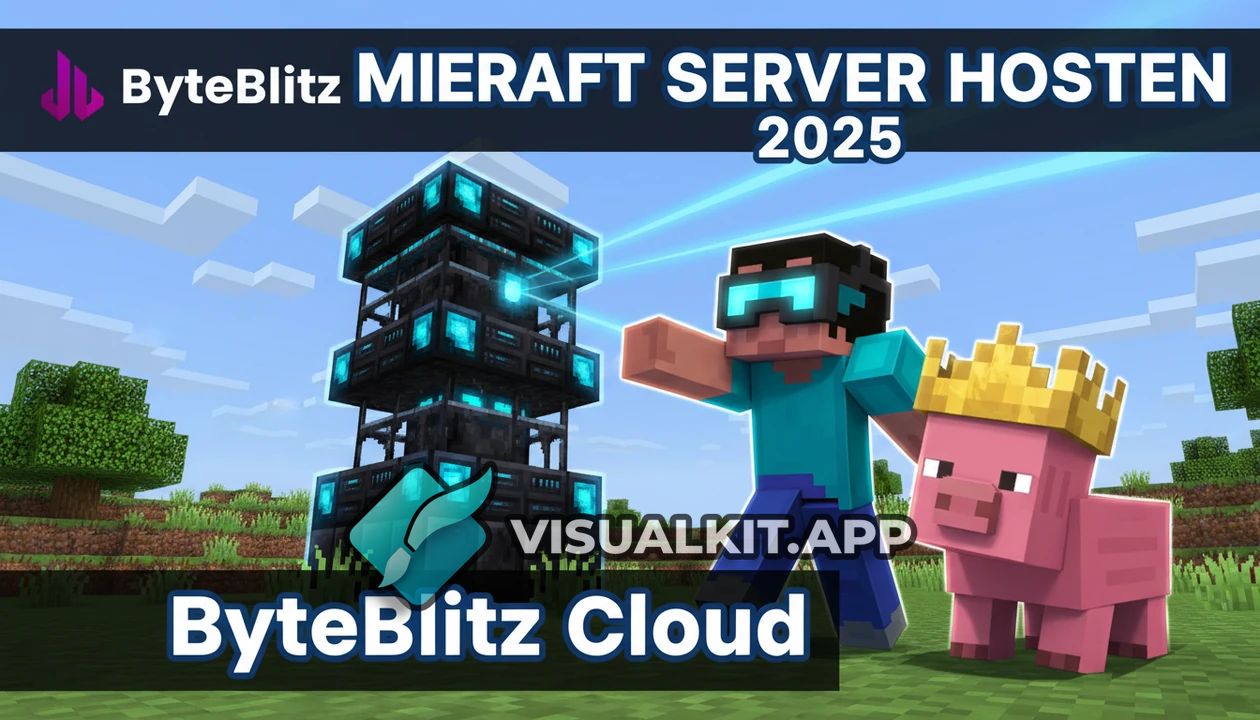 Minecraft Server hosten 2025 – ByteBlitz Logo, blauer Skin & Schwein
