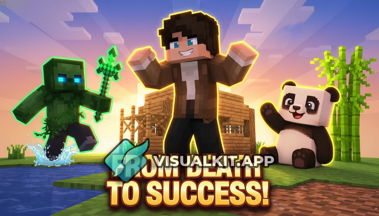 Minecraft Cartoon Thumbnail: Hero at Wooden Base vs Drowned