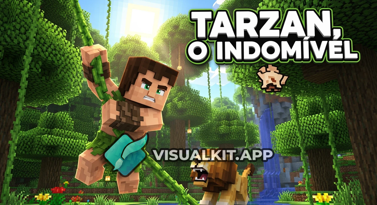 Crie capa realista Minecraft para "TARZAN, O INDOMÁVEL"