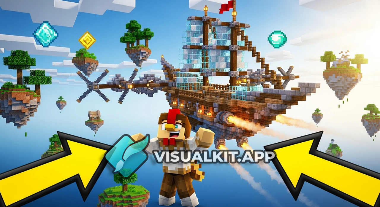 Minecraft Skyblock: Rooster Skin Next to Giant Flying Ship