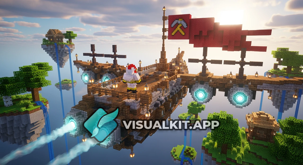 Cinematic Minecraft Skyblock Flying Ship - Rooster Skin Player on Deck