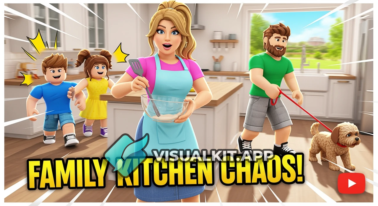 Roblox Family of 4 in a Kitchen — Mum Baking, Dad & Dog