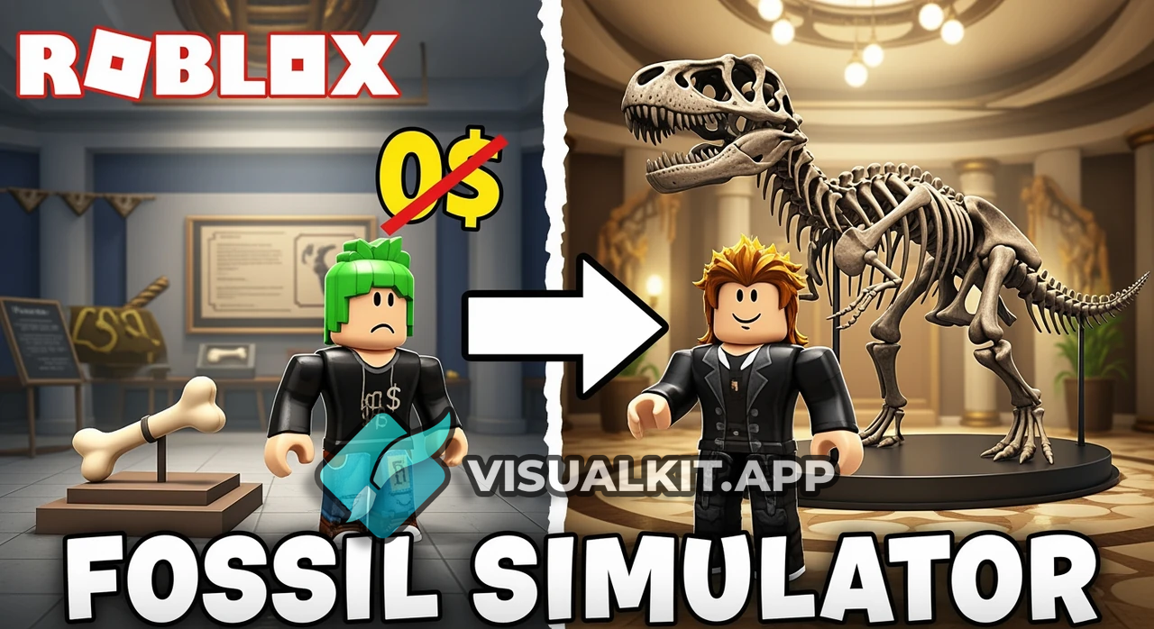 Fossil Simulator Roblox Thumbnail — Poor Noob $0 vs Dino
