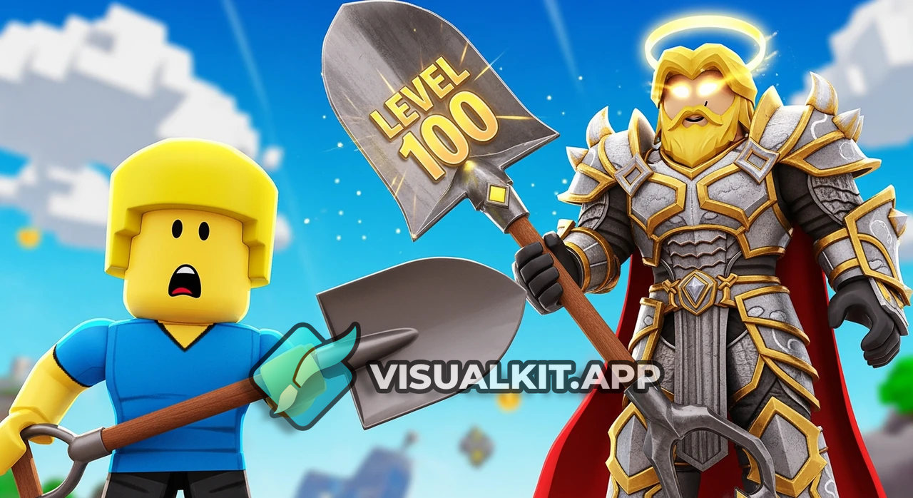 Roblox Thumbnail: Noob with Basic Shovel vs God Level 100