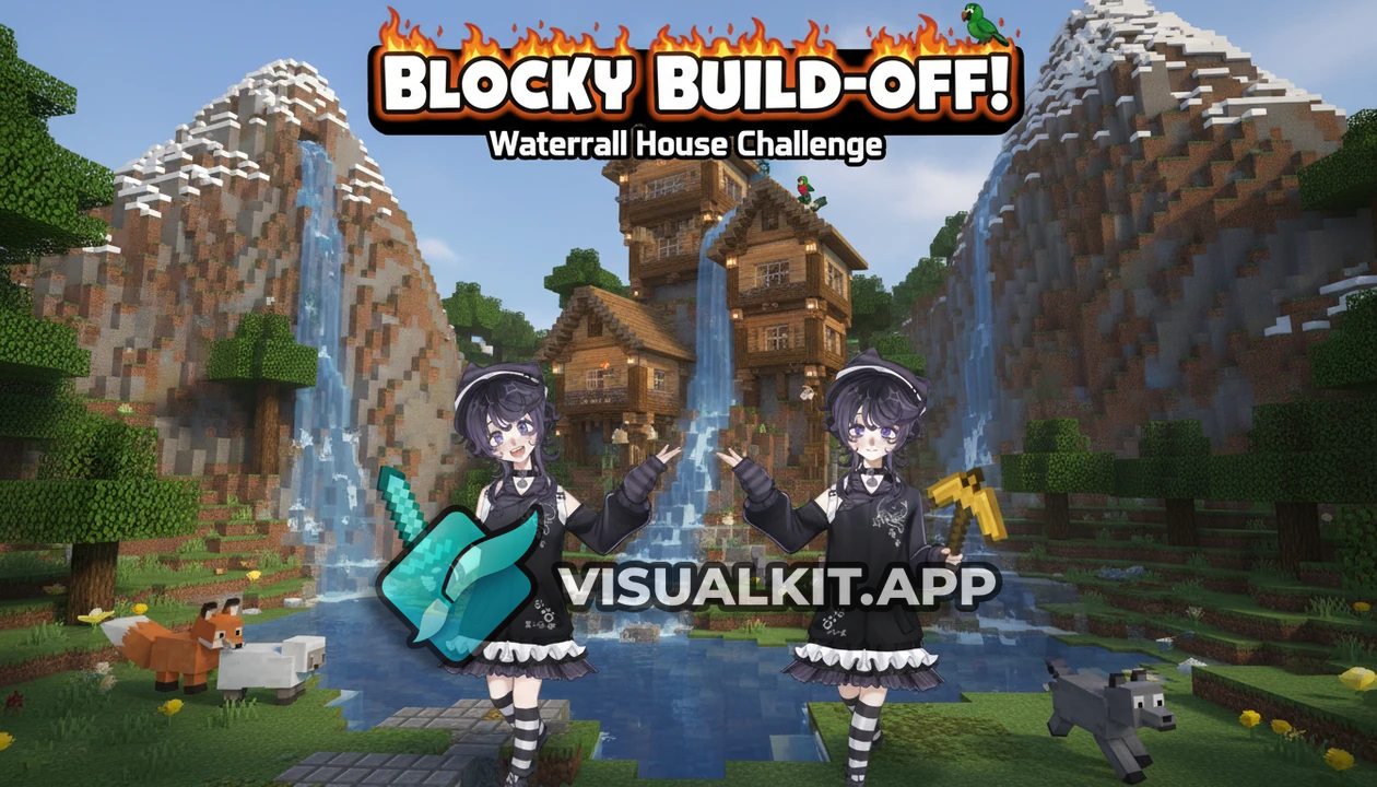 Minecraft Waterfall House Scene with Animals & Player Model