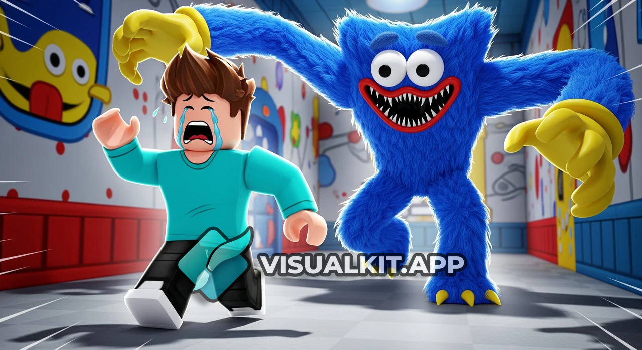 Roblox Horror: Brown-haired Avatar Fleeing Blue Fuzzy Monster