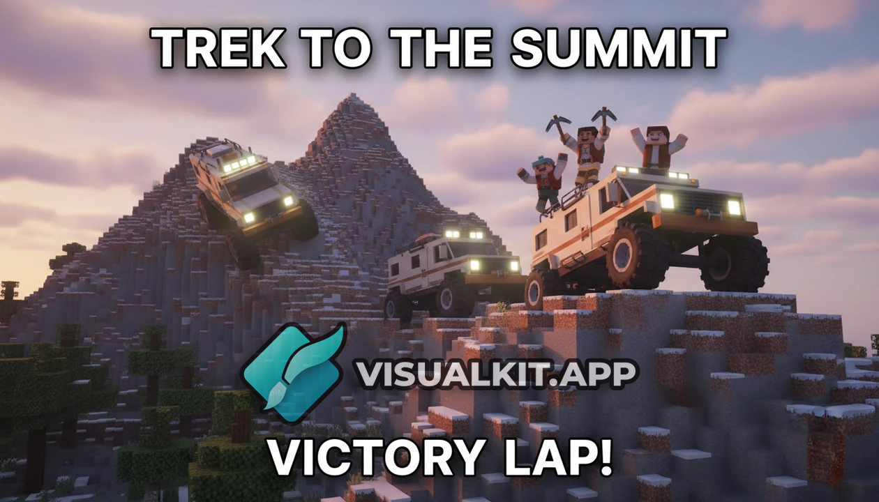 Minecraft Cinematic: Massive Mountain Trucks Climb, Friends Celebrate
