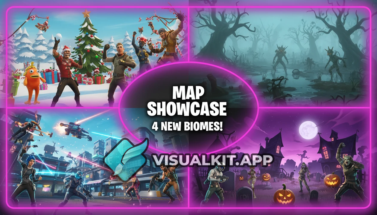 Fortnite map thumbnail - 4 corner themes: Snow, Fog, Sci-Fi, Halloween