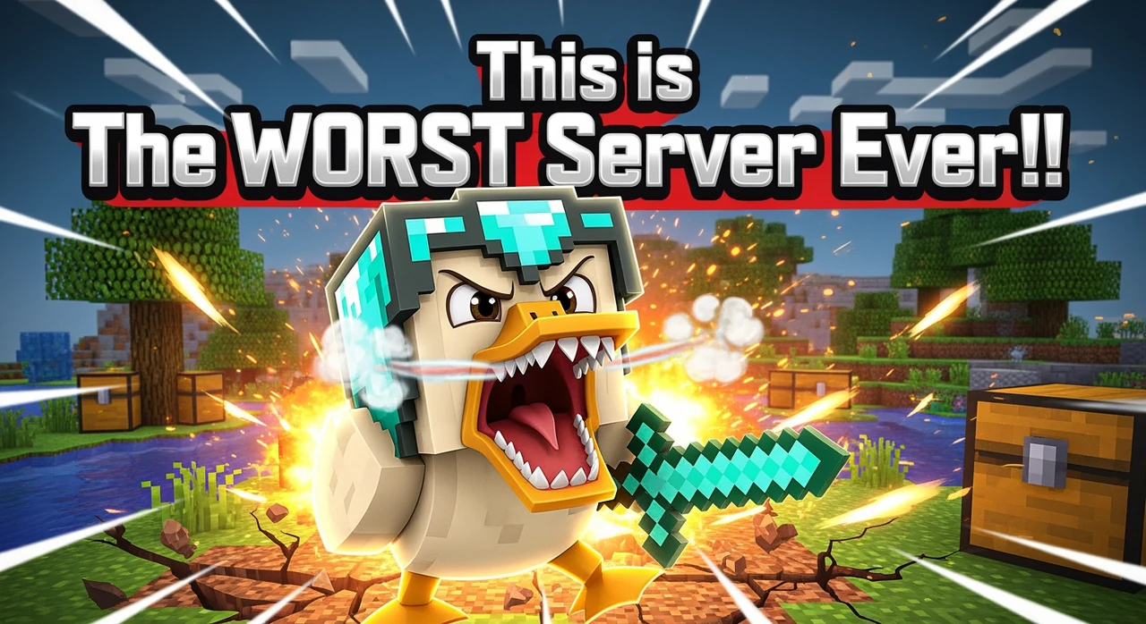 Make a duck raging while playing the hive survival games. Have text that says "This is The WORST server Ever!!"