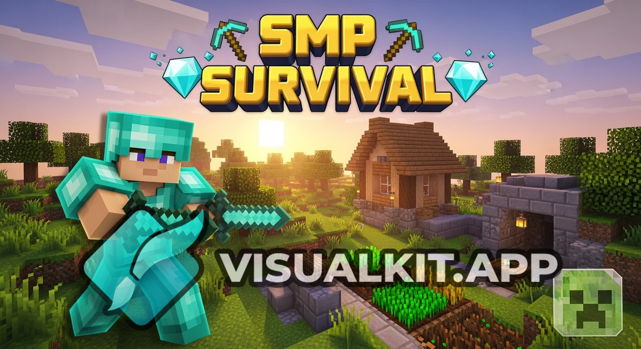 SMP survival Thumbnail - Minecraft player, base, mobs at night