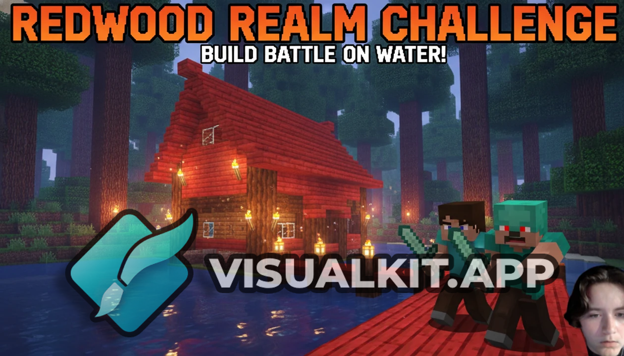 Minecraft: Red Wood Forest — Red House on Water, Torches at Night