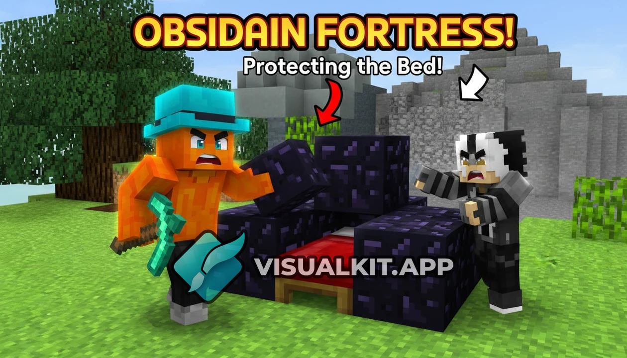 Orange Player with Blue Hat Builds Obsidian Around Red Bed
