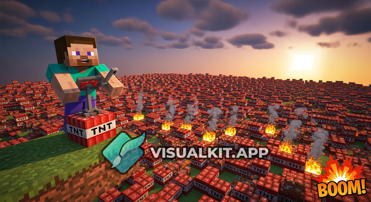 Minecraft Steve Holding TNT Lever High Above TNT Field