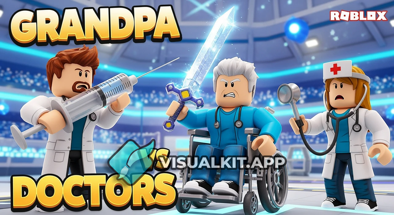 Roblox Thumbnail: Grandpa in Wheelchair with Sword vs 2 Doctors