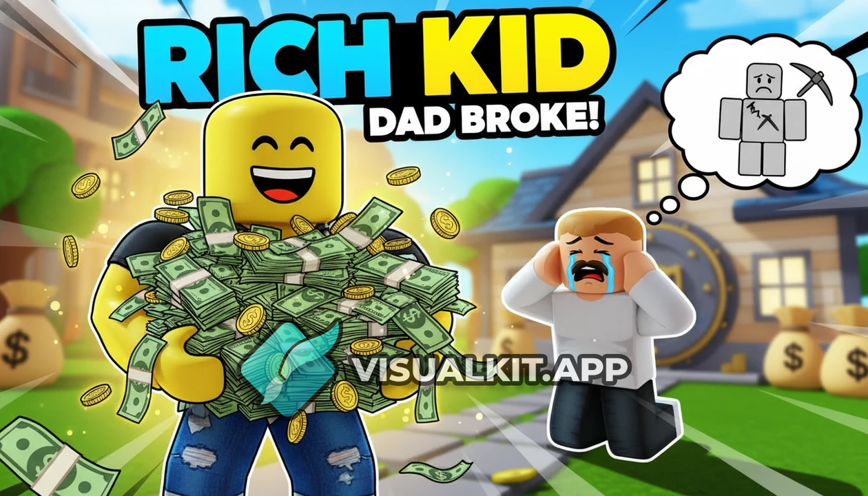 Roblox Game Thumbnail: Character Holding Cash, Dad Crying