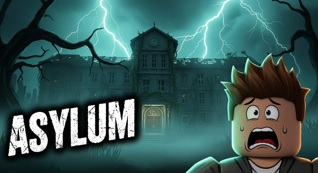 create me a roblox horror themed thumbnail with an asylum in the back and spooky eerie lightning along with some fog not too much and just make it either inside or outside works perfectly fine but have it look rundown