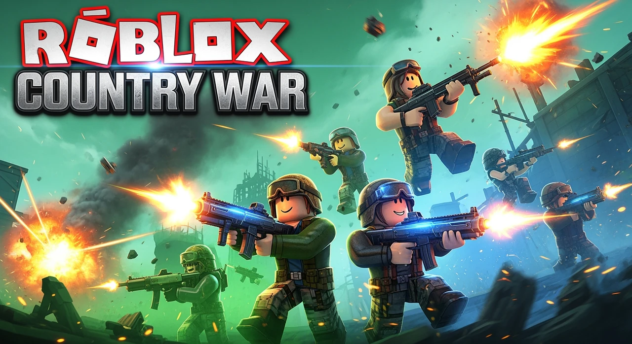 - What is the theme of your Roblox game?
  war 

- What style do you prefer for the thumbnail?
 action

- What is the primary color scheme?
  green and blue

- Any additional details or elements to include?
  they have guns and its war and everything has lots of effects and all the charecters are roblox charecters and the image is 1920x1080 and the game is about war against countrys