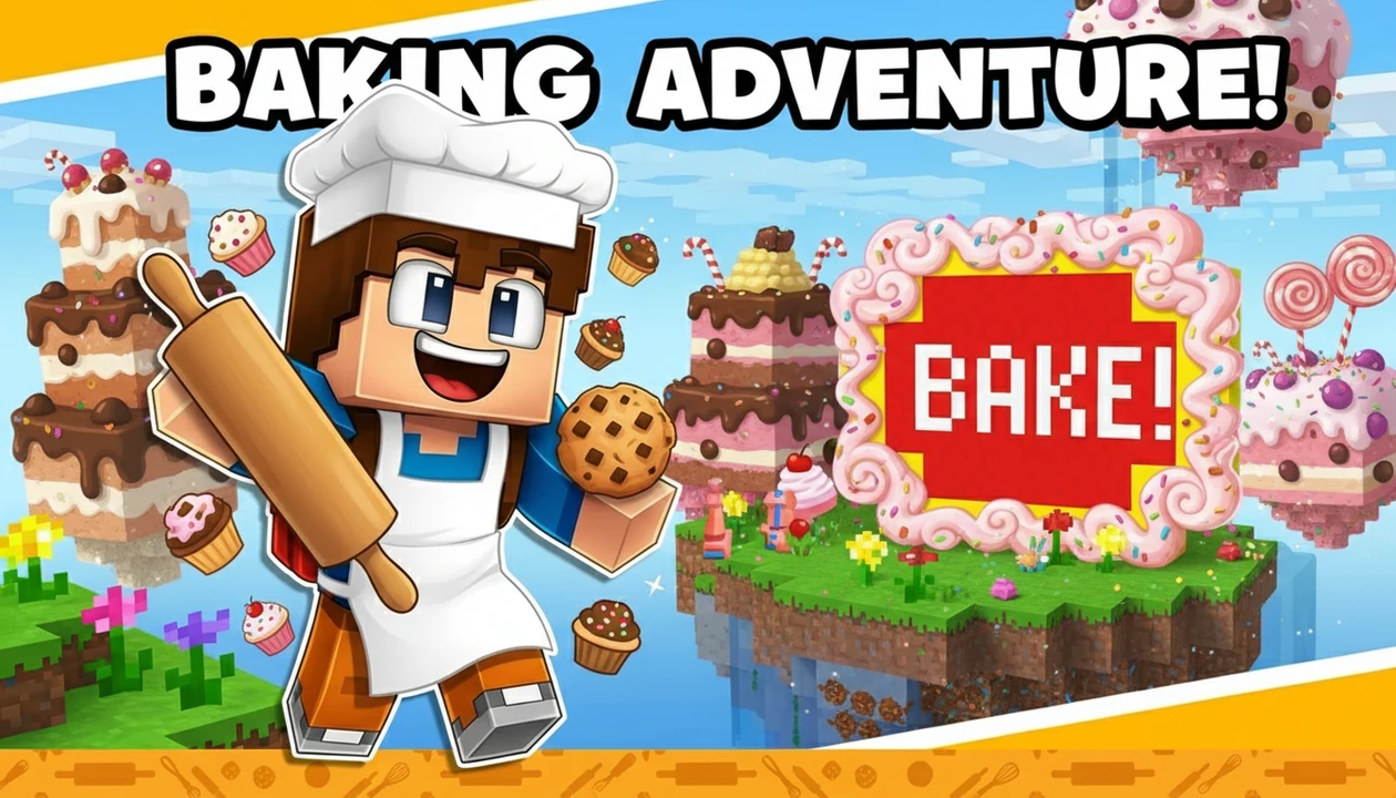 Make me a thumbnail for my roblox game - cartoony Minecraft bake
