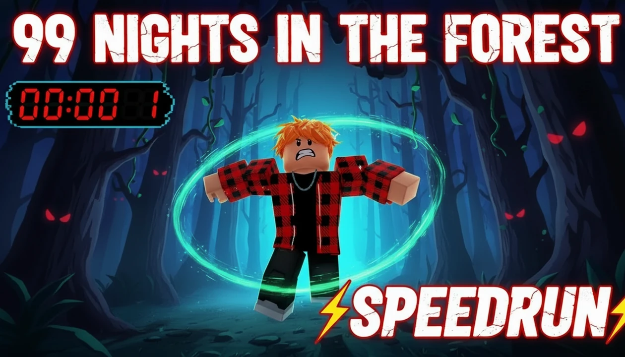 gör en thumbnail: jag spelar 99 nights in the forest speedrun