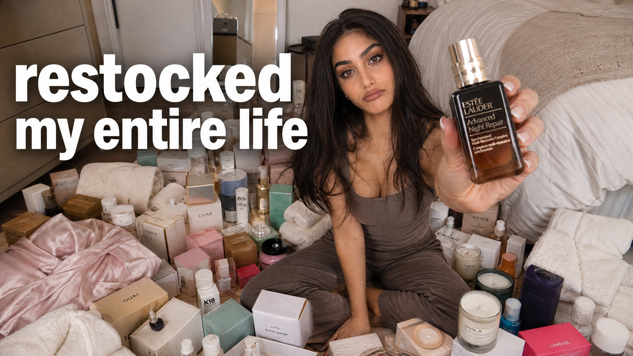 Beauty thumbnail idea for a skincare and self-care restock haul, with products covering the floor