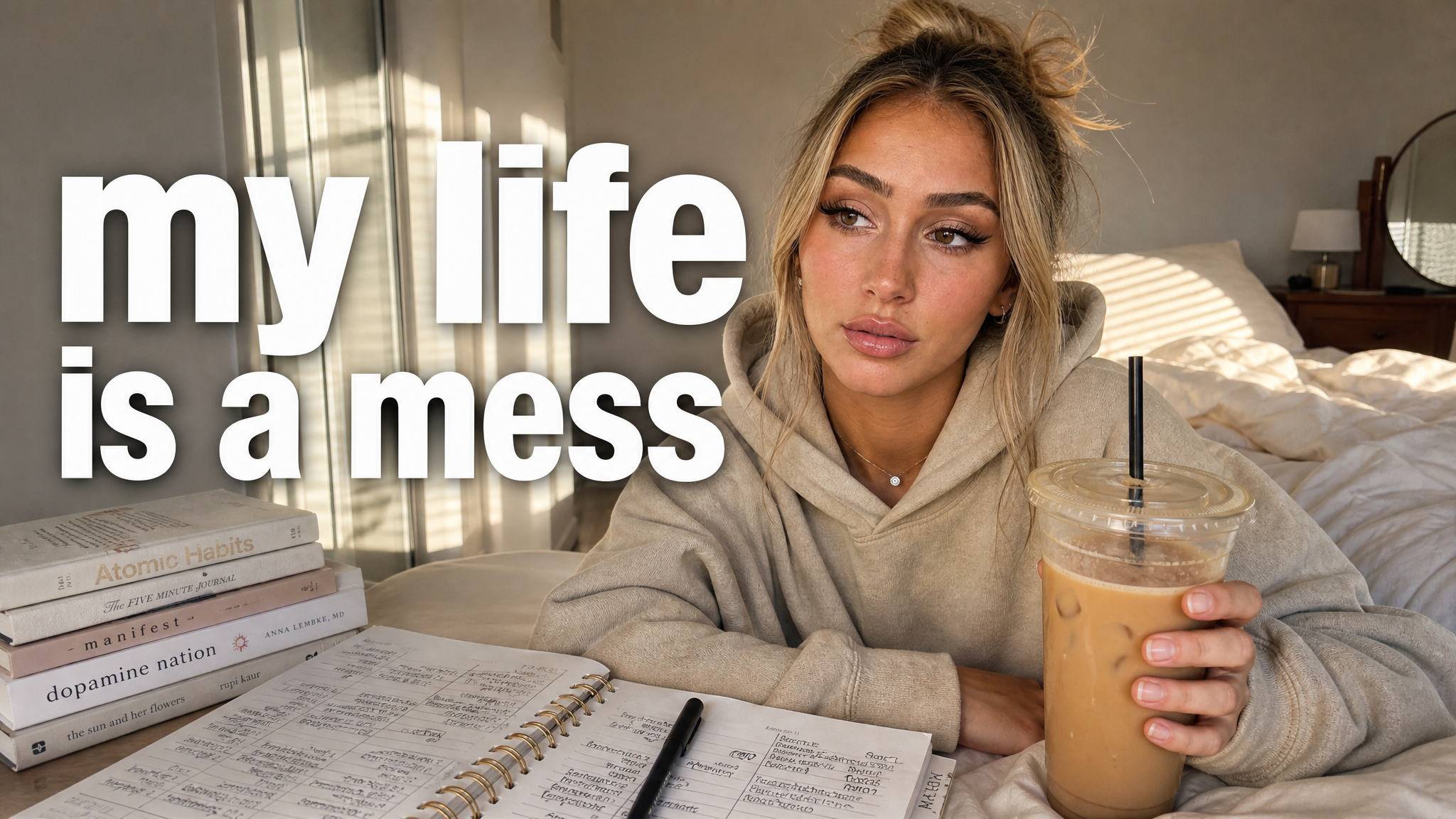 Fitness thumbnail idea for a routine reset video, with a habit tracker, books, and an iced coffee