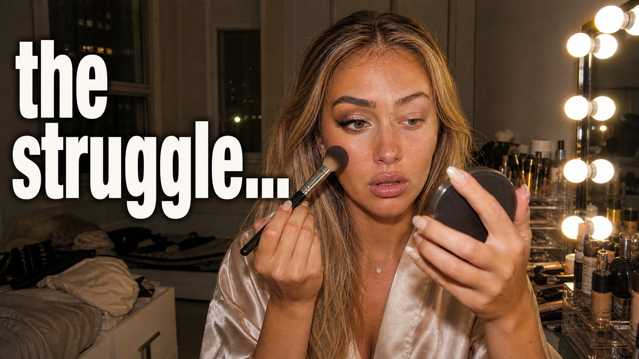 Beauty thumbnail idea for a GRWM video filmed at a lit vanity mirror