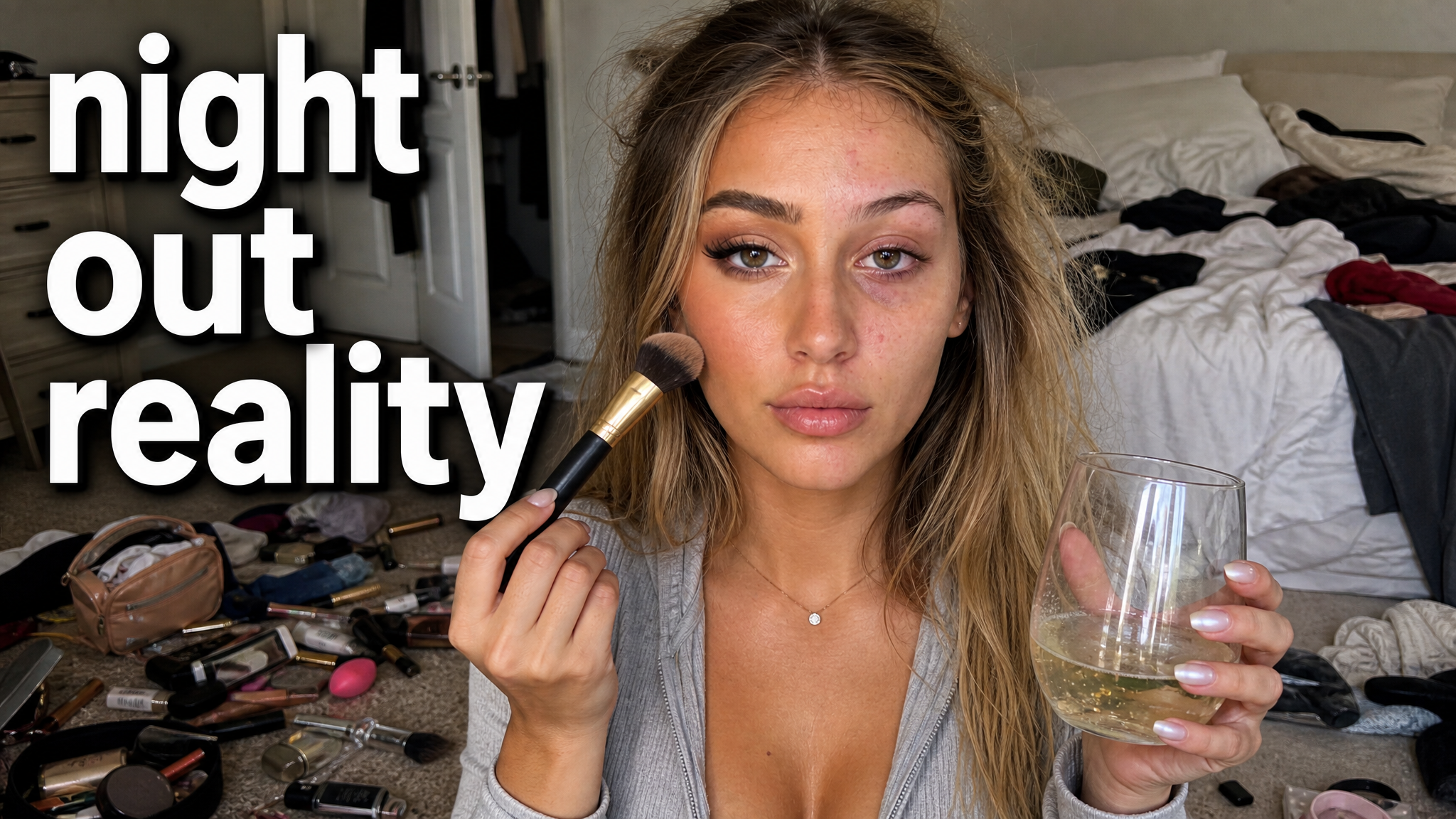 Beauty thumbnail idea for a GRWM night-out video: a creator doing her makeup in a bedroom full of products
