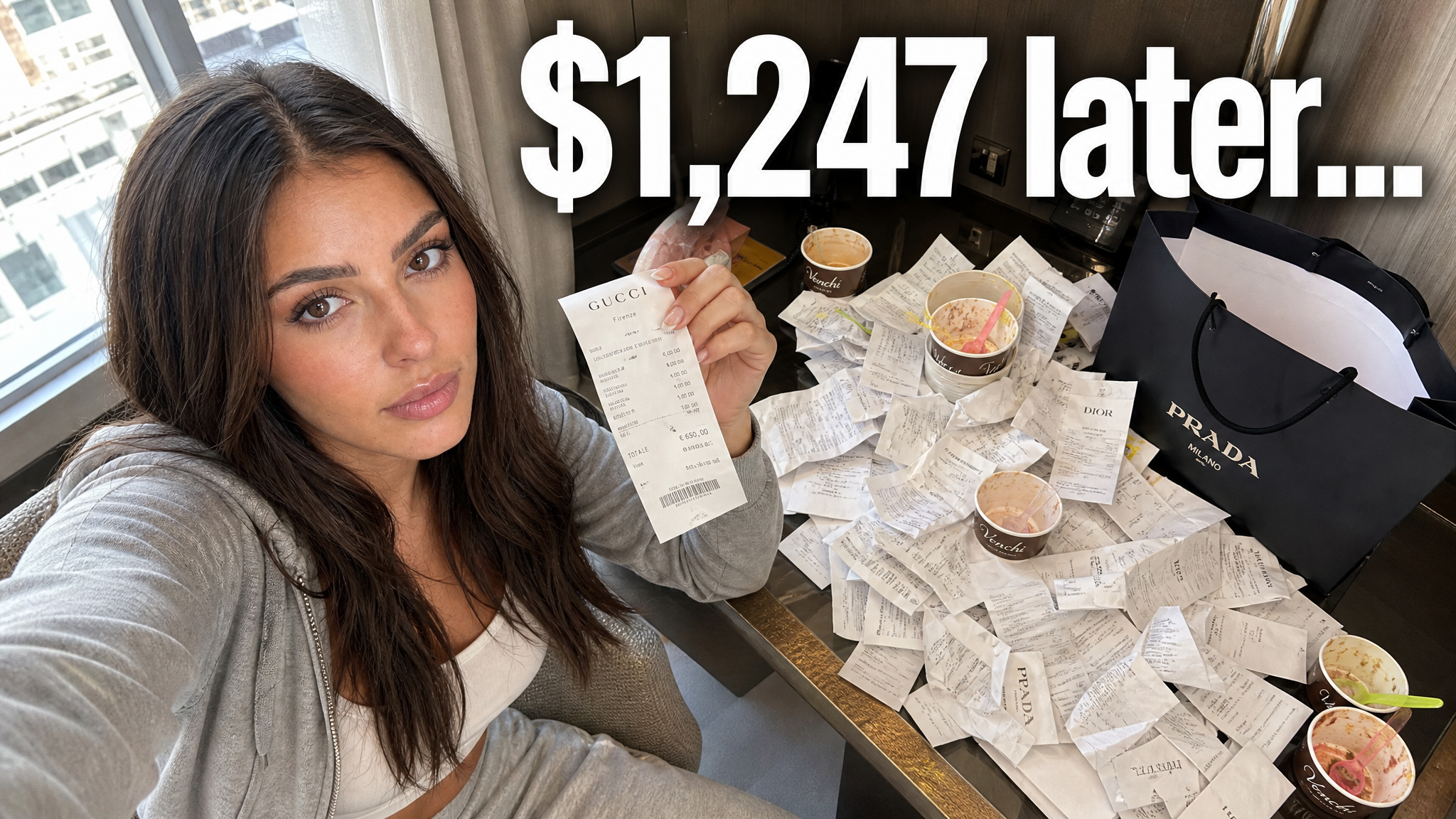 Travel thumbnail idea for a trip spending recap: a creator in a hotel room holding a receipt over a table covered in receipts