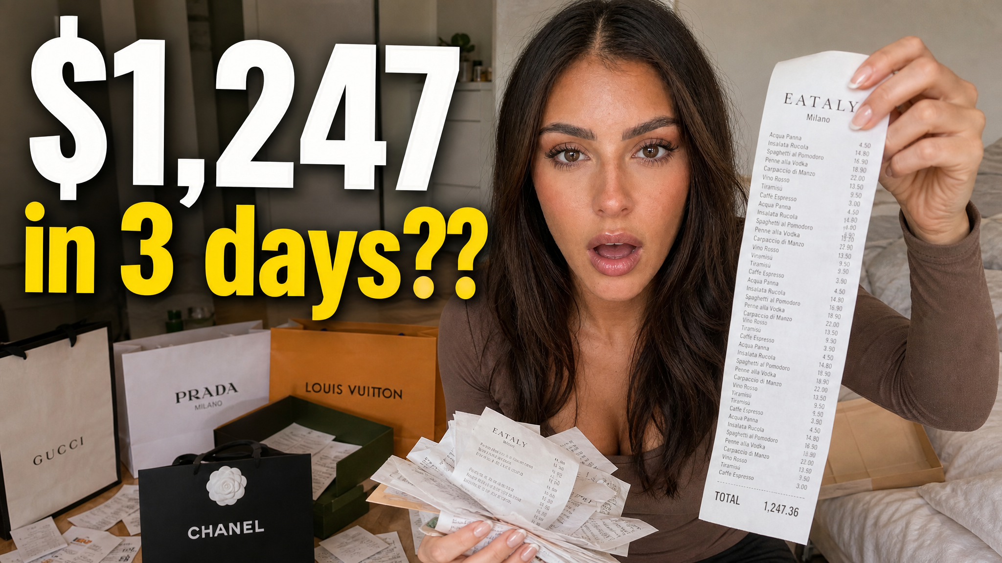 Travel thumbnail idea for a shopping trip recap, with a long receipt held up next to shopping bags