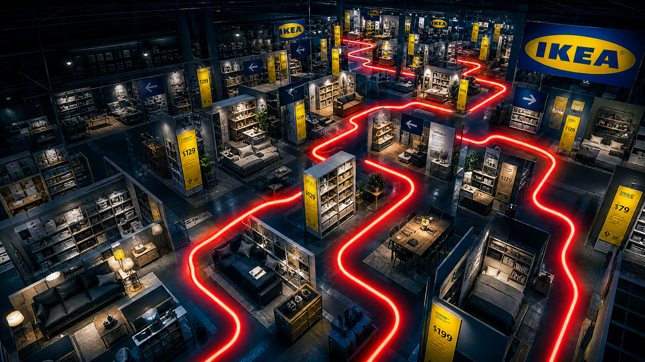 Faceless thumbnail idea for a retail explainer: a store floor seen from above with a glowing path winding through it