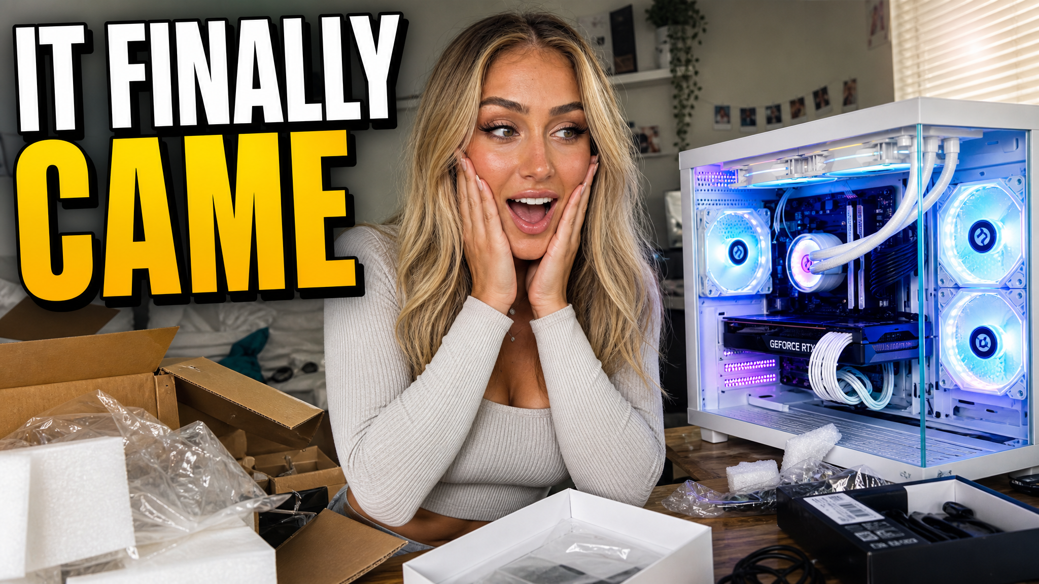 Unboxing thumbnail with a new gaming PC beside a creator reaction