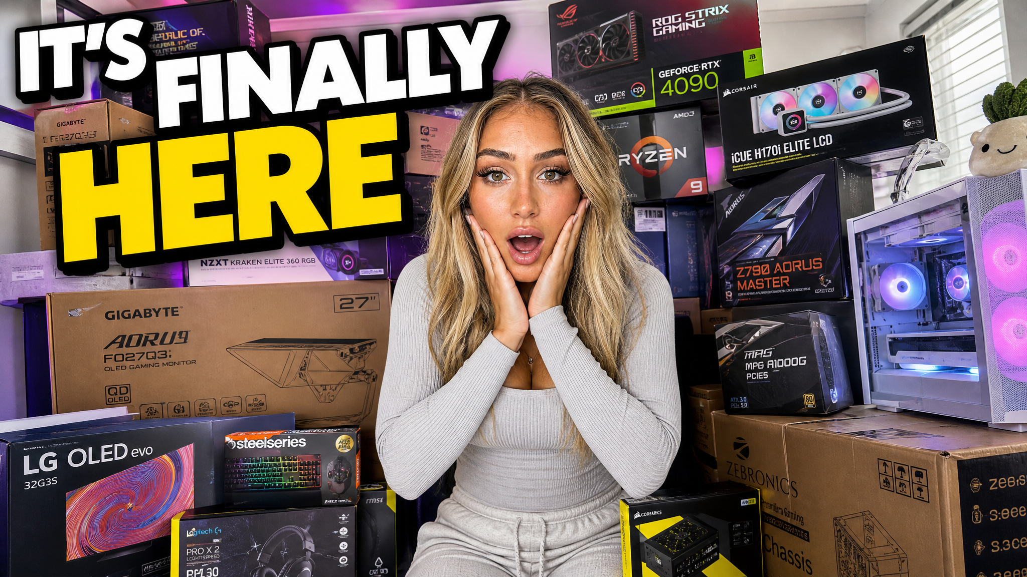 Unboxing thumbnail with a creator surrounded by PC component boxes