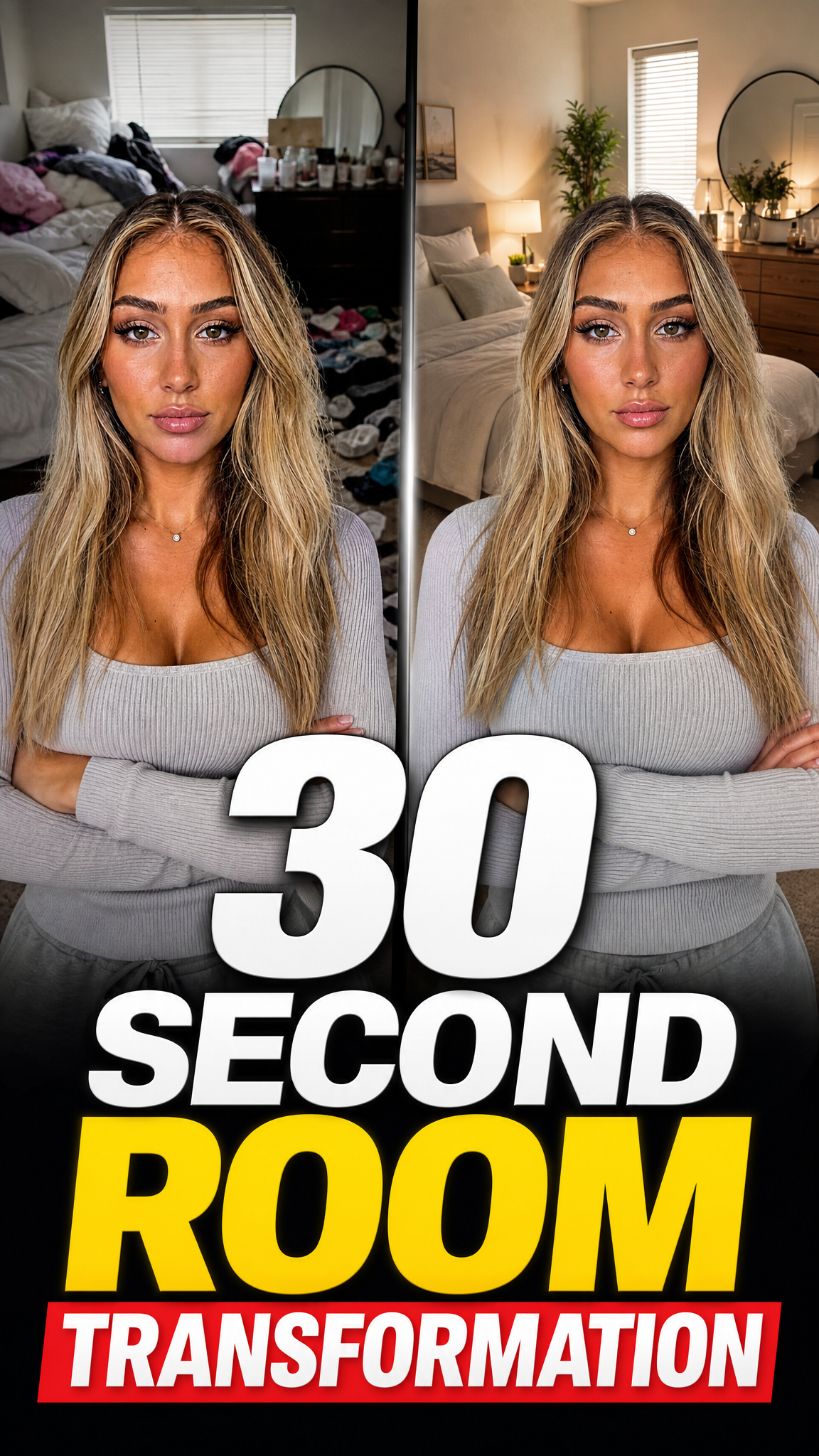 YouTube Shorts thumbnail with a room before and after and one large 30-second hook